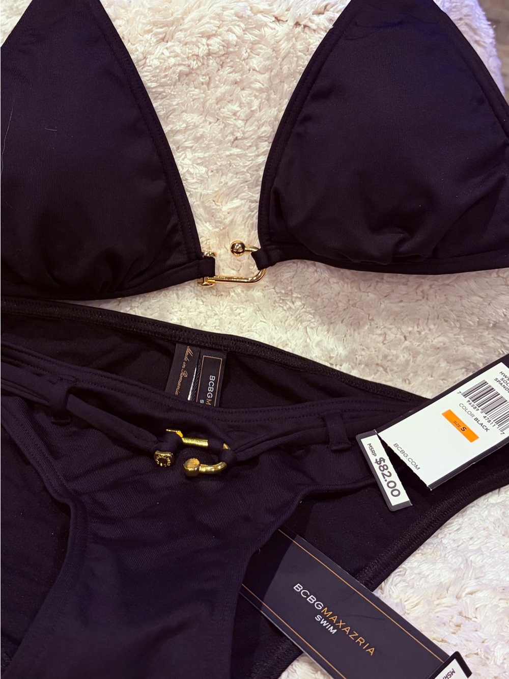 BCBGMAXAZRIA Bikini Set Black NWT $150 Retail Gold Hardware Sz S